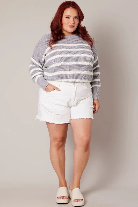 Grey Stripe Stripe Knit Jumper Crew Neck Long Sleeve