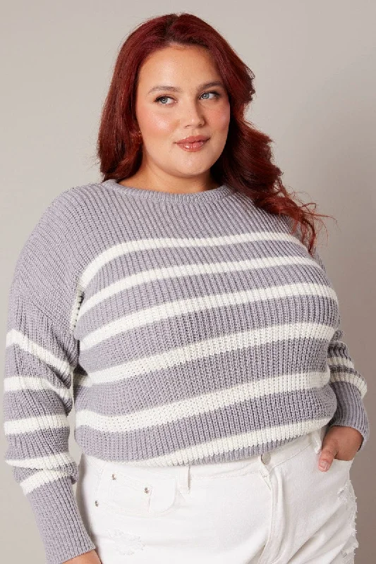 Grey Stripe Stripe Knit Jumper Crew Neck Long Sleeve