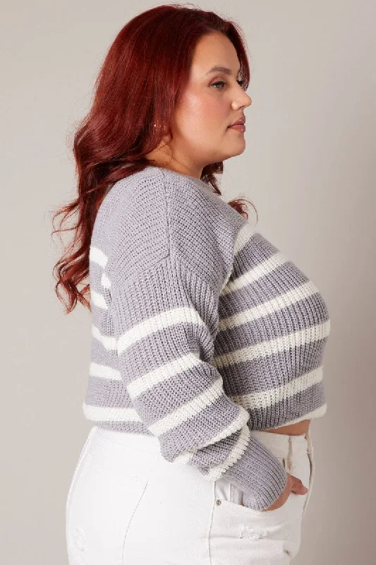 Grey Stripe Stripe Knit Jumper Crew Neck Long Sleeve