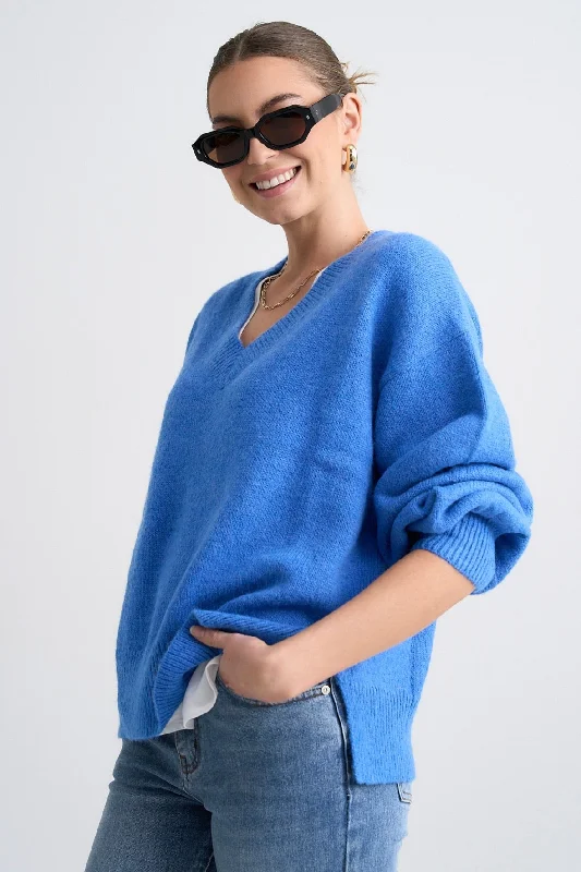 Harvest Azure Blue V Neck Knit Jumper