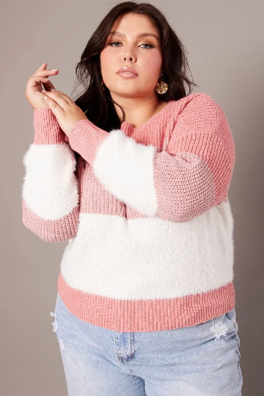 Pink Stripe Knit Jumper Long Sleeve Crew Neck Oversized