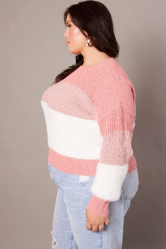 Pink Stripe Knit Jumper Long Sleeve Crew Neck Oversized