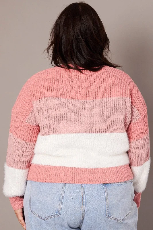 Pink Stripe Knit Jumper Long Sleeve Crew Neck Oversized