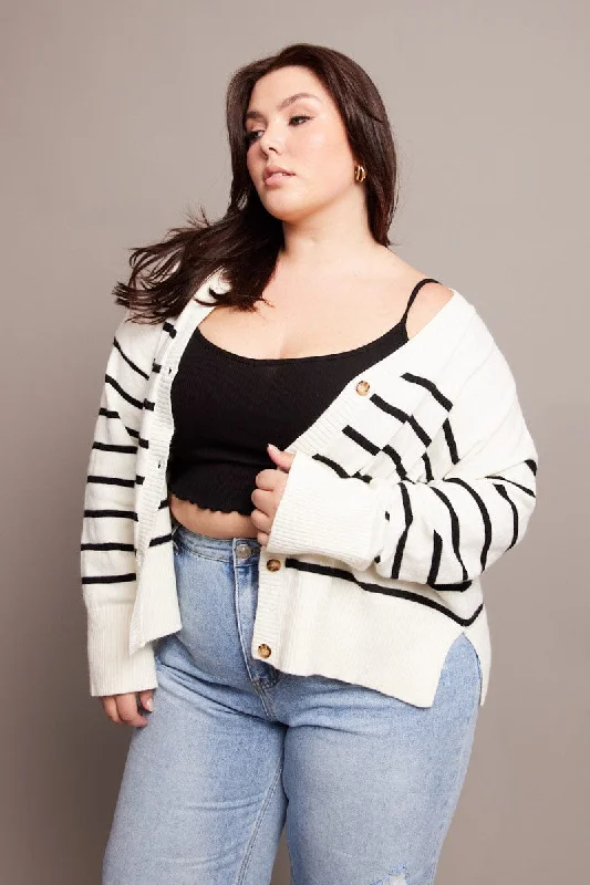 White Stripe Oversized Cardigan Long Sleeve V-neck Stripe