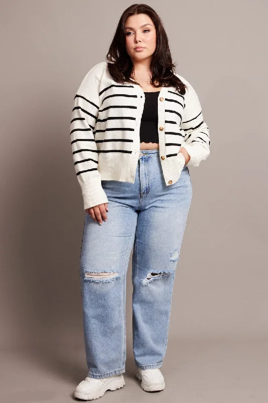 White Stripe Oversized Cardigan Long Sleeve V-neck Stripe