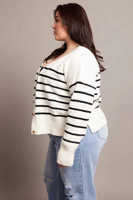 White Stripe Oversized Cardigan Long Sleeve V-neck Stripe