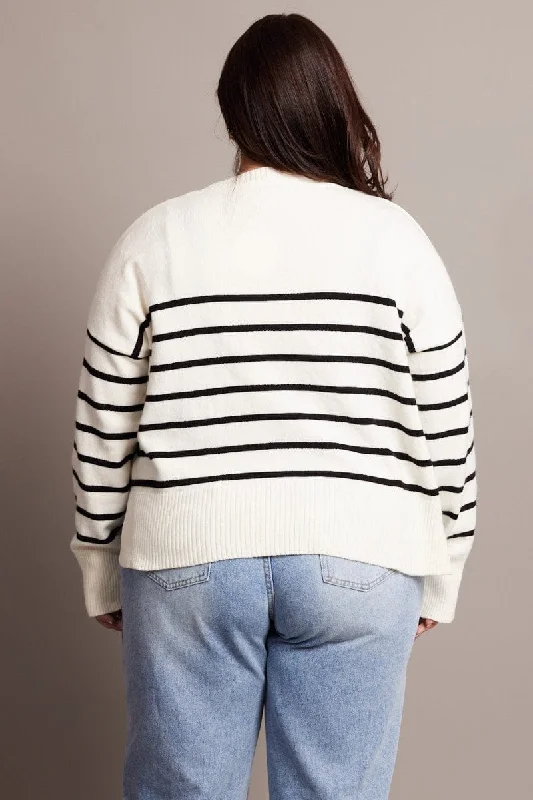 White Stripe Oversized Cardigan Long Sleeve V-neck Stripe