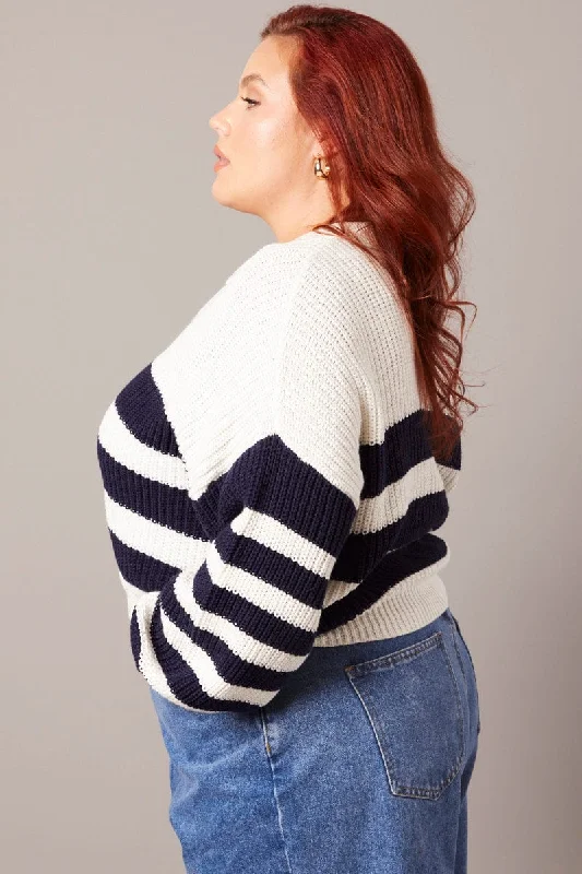 White Stripe Stripe Knit Jumper Collared