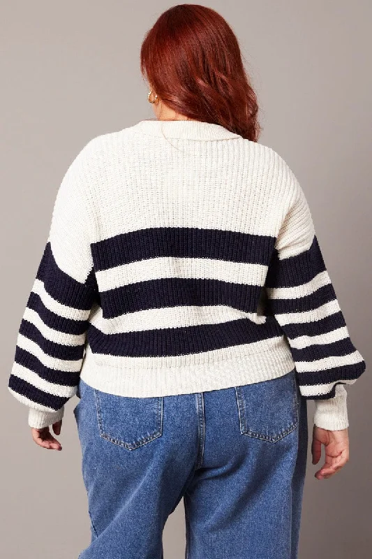 White Stripe Stripe Knit Jumper Collared