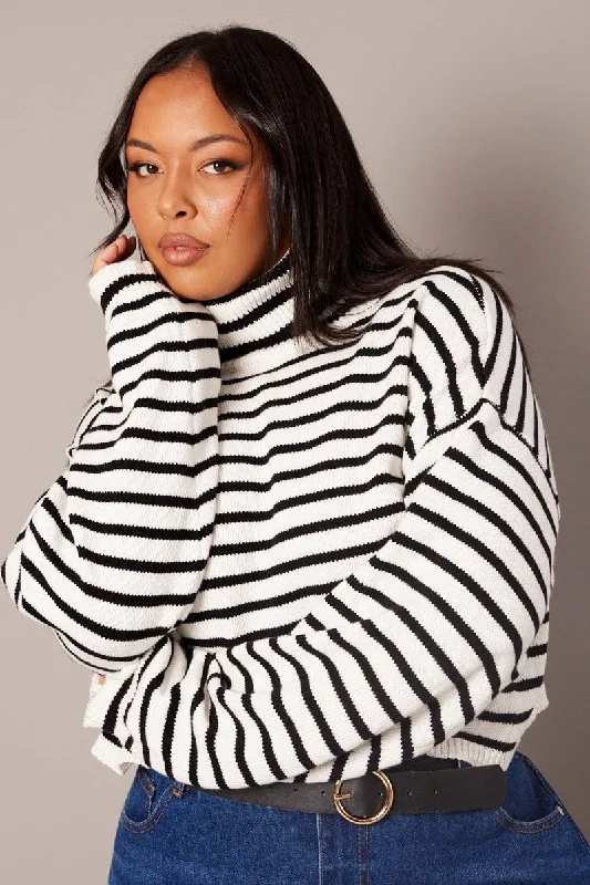 White Stripe Stripe Knit Jumper High Neck