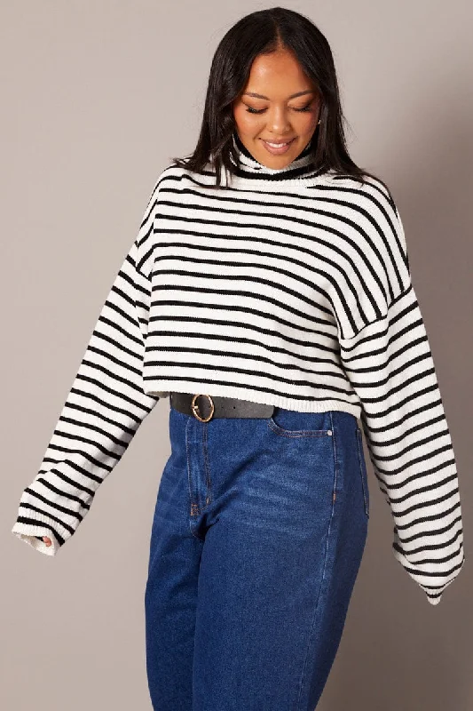 White Stripe Stripe Knit Jumper High Neck