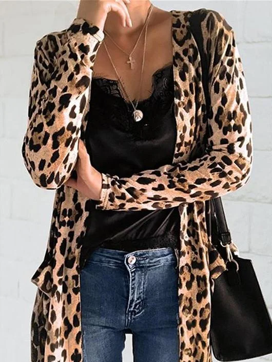 Women's Cardigans Leopard Print Pocket Long Sleeve Mid-Length Cardigan