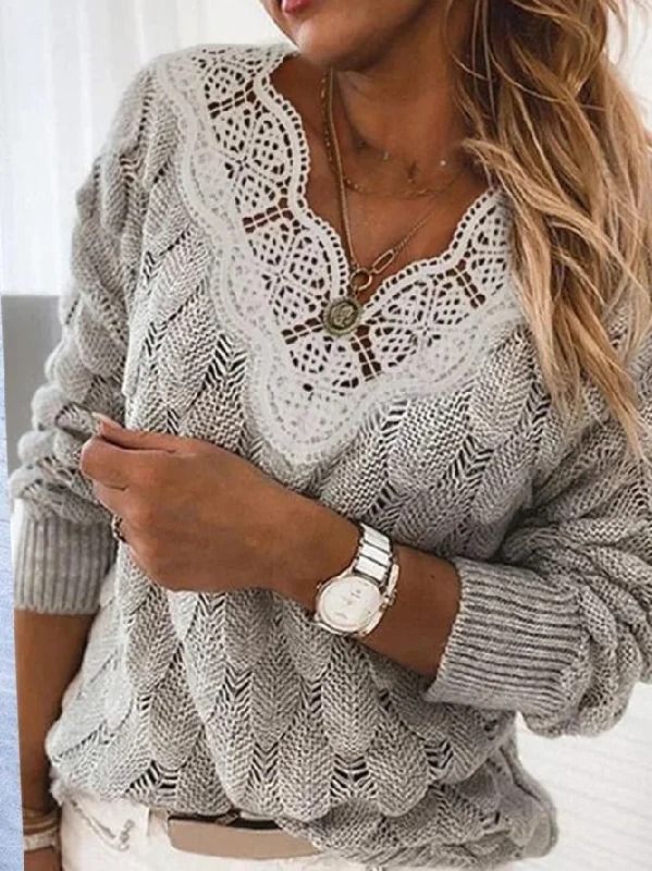 Women's Sweaters Lace V-Neck Hollow Long Sleeve Sweater