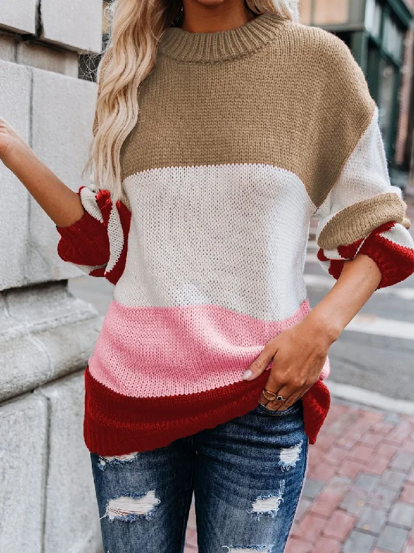 Women's Sweaters Loose OL Round Neck Striped Long Sleeve Sweater