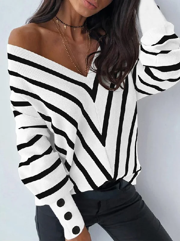 Women's Sweaters Off-The-Shoulder Striped V-Neck Long Sleeve Sweater