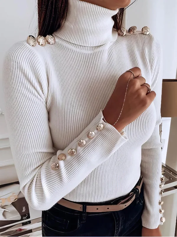 Women's Sweaters Solid Turtleneck Button Long Sleeve Sweater