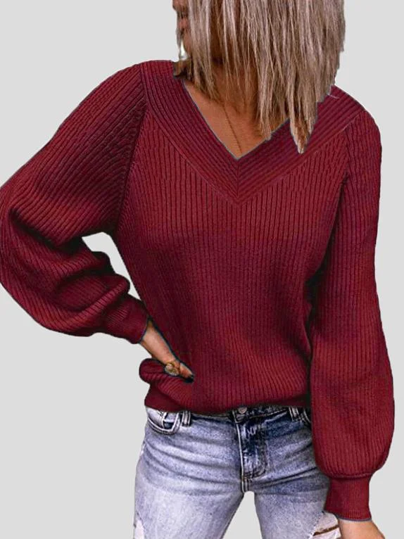 Women's Sweaters Solid V-Neck Pullover Long Sleeve Sweater