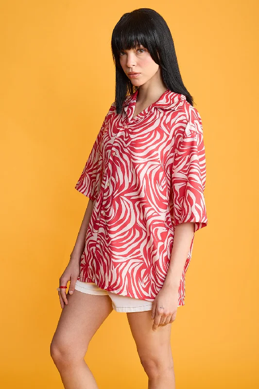 Pink & Beige Zebra Printed Women's Resort Shirt