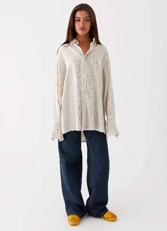 Lockie Oversized Linen Shirt - Oat Pinstripe