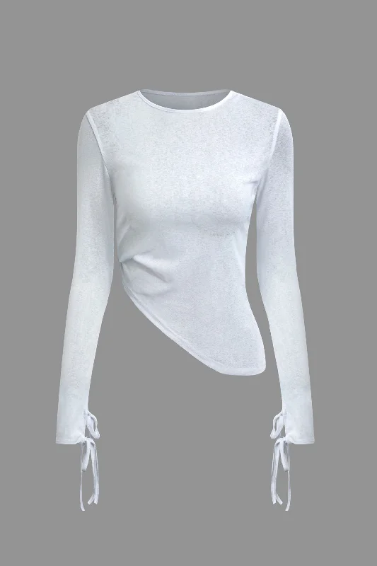 Solid Asymmetrical Tie-Up Long-Sleeve Top