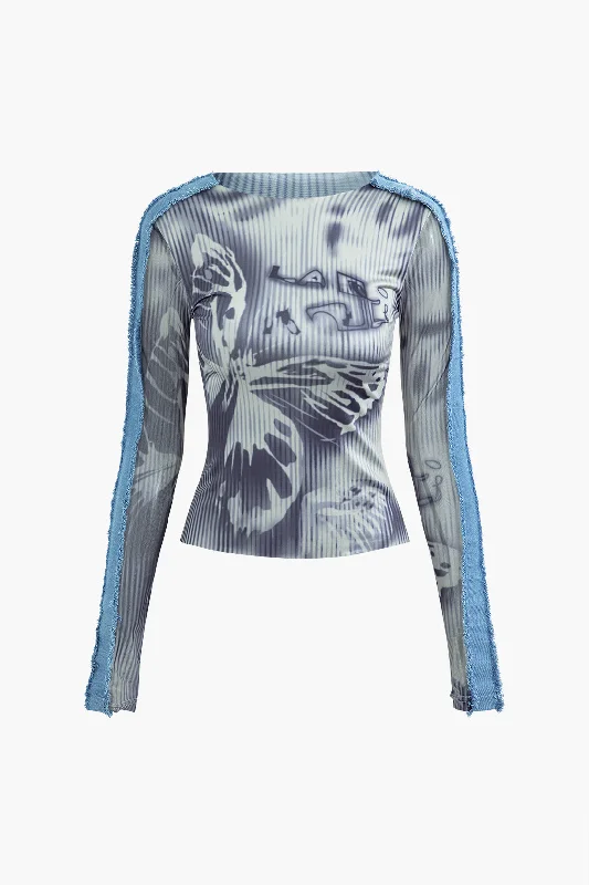 Contrast Butterfly Pattern Round Neck Long Sleeve Top