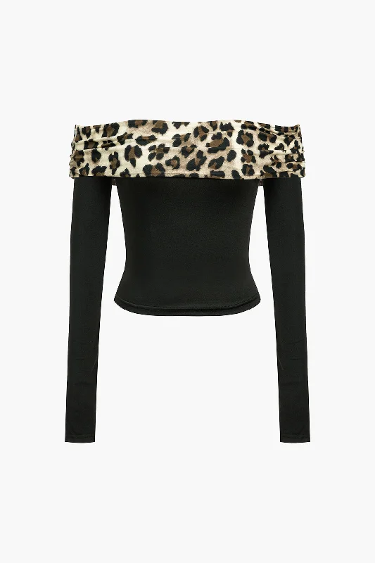 Leopard Print Off Shoulder Long-Sleeve Top