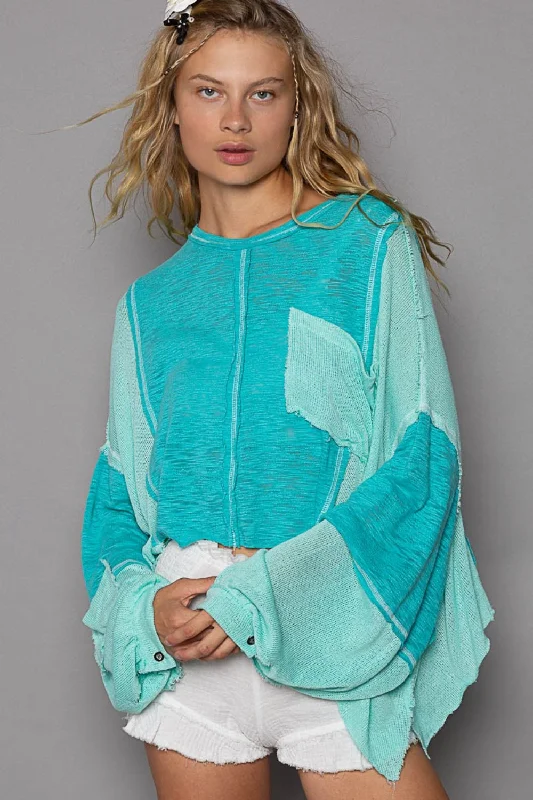 Hot Girl Contrast Stitch Exposed Seam High-Low Long Sleeve Top In Turquoise