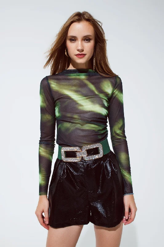 Hot Girl Dare To Mesh Tie-Dye Long Sleeve Top in Green and Black