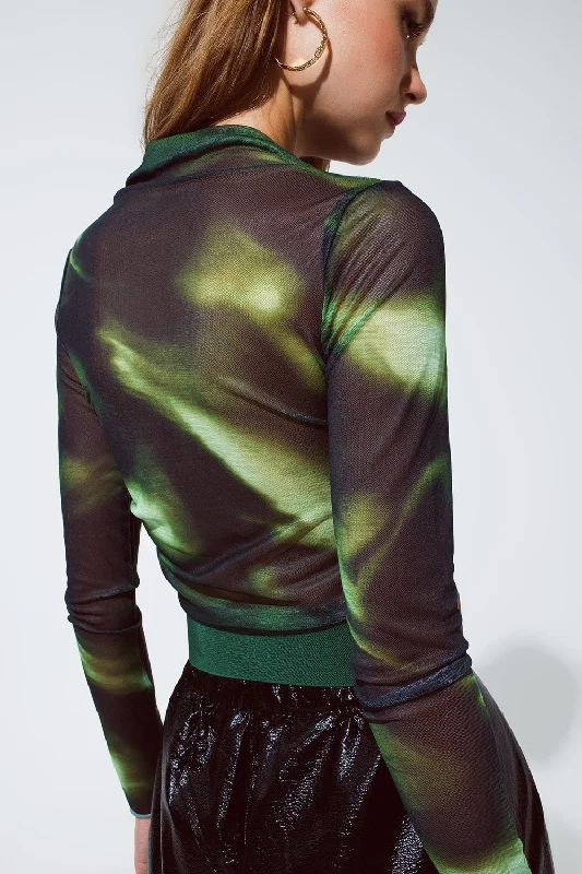 Hot Girl Dare To Mesh Tie-Dye Long Sleeve Top in Green and Black