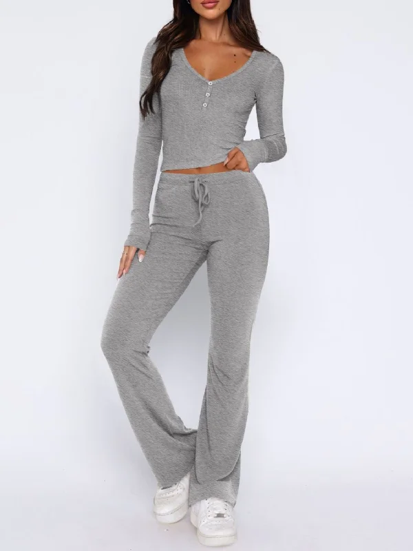 Hot Girl Henley Long Sleeve Top and Pants Two Piece Lounge Set