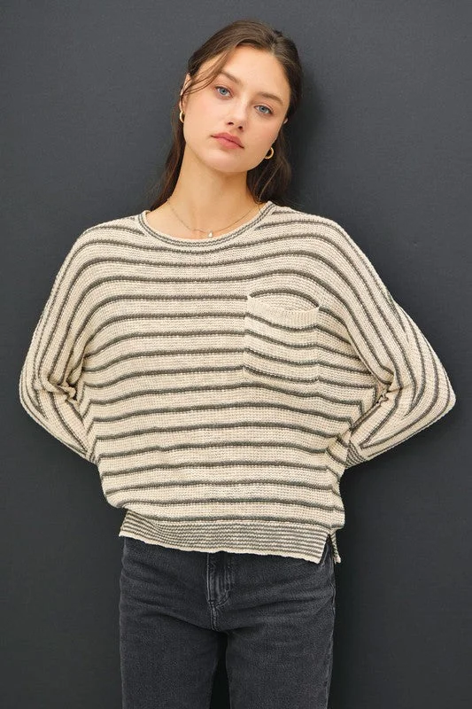 VESPER LIGHT STRIPED WAFFLE KNIT DOLMAN SLEEVE SWEATER