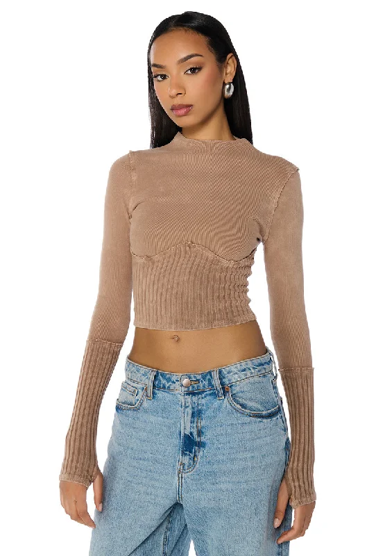 WILLOW CORSET LONG SLEEVE TEE IN LIGHT BROWN