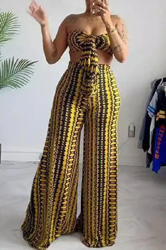 Abstract Print Unique Bandeau Lace-Up Wide Leg Pant Suit