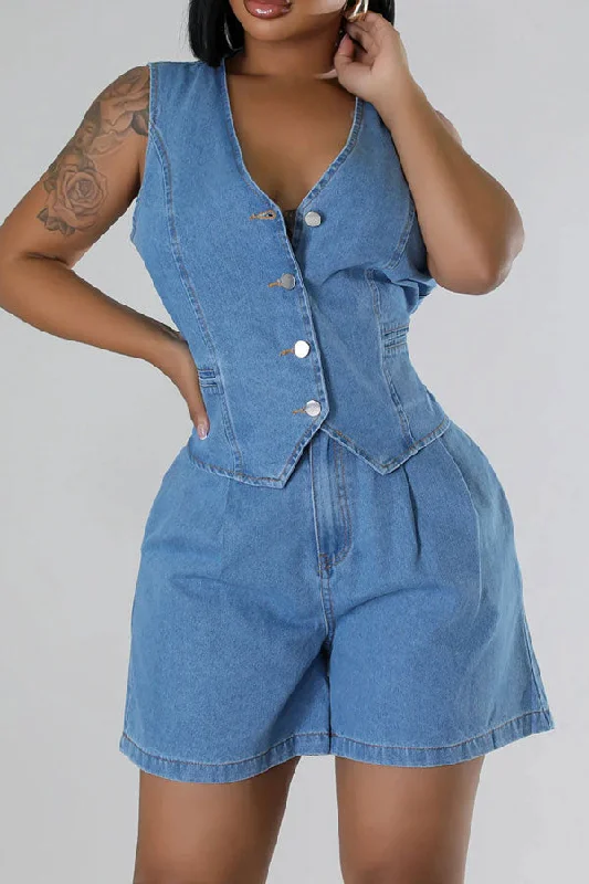 Blue Washed Denim Classic Sleeveless V Neck Pant Suit