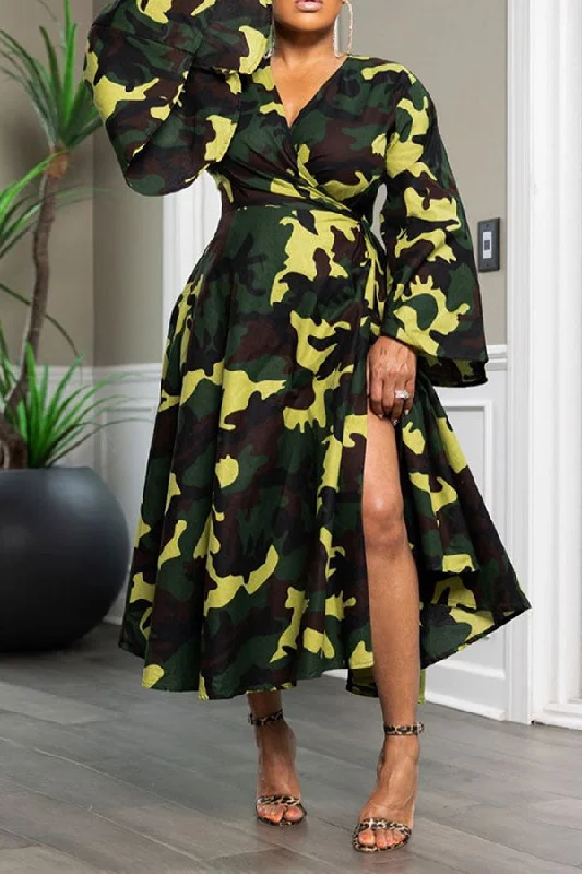 Camouflage Stylish Bell Sleeve Lace-Up Midi Dress