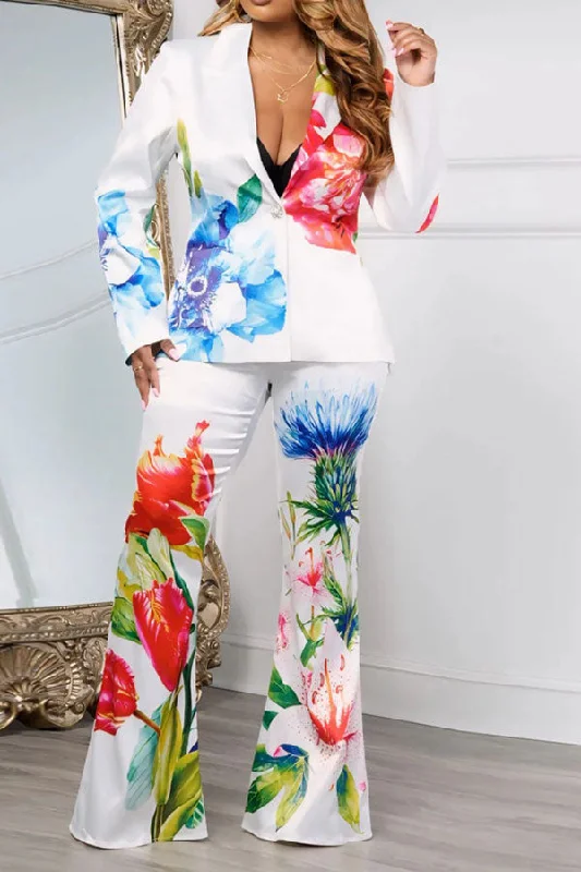 Floral Print Glamorous Notched Lapel Pant Suit