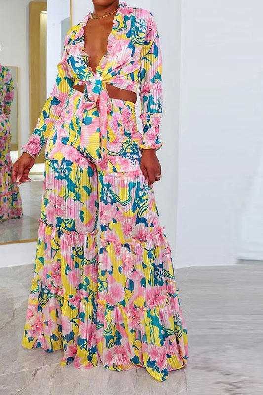 Floral Print Lace-Up Elegant Ruffle Tiered Pant Suit