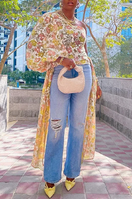 Floral Print One Shoulder Unique Ribbons Blouse