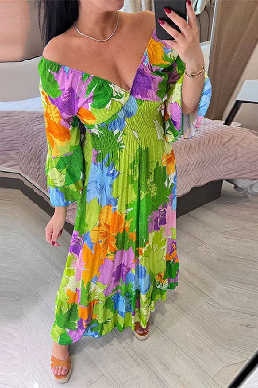 Floral Print Pretty Trumpet Sleeve Midi Dress