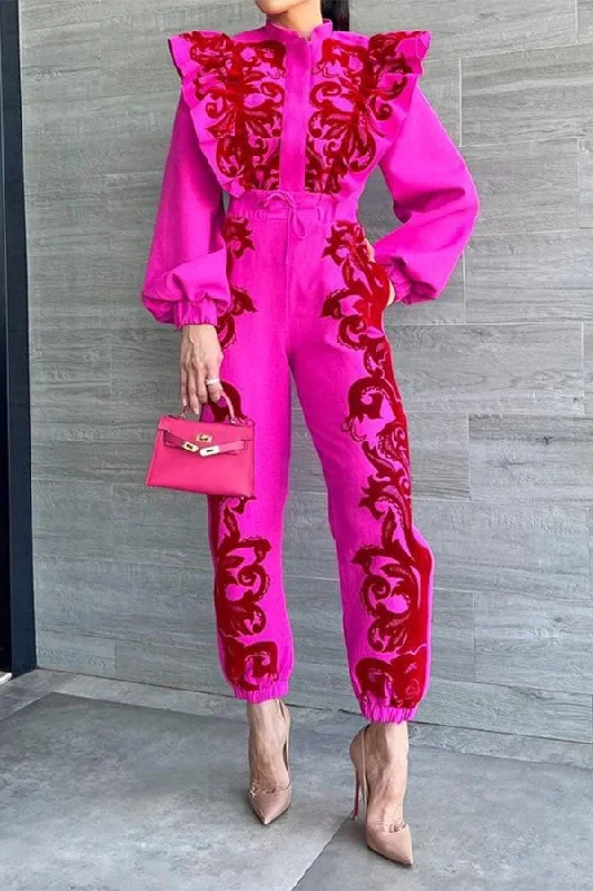 Floral Print Sweet Ruffle Patchwork Pant Suit