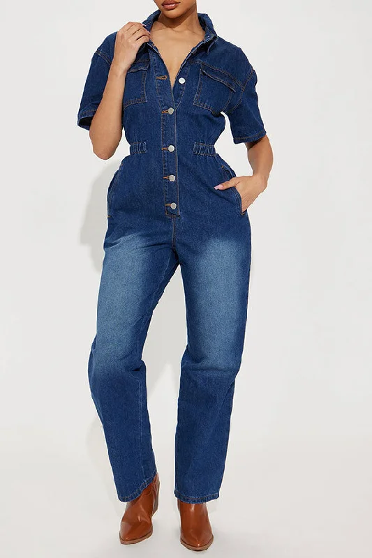 Gradient Denim Boyish Pocket Button Jumpsuit