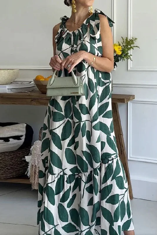 Leaf Print Tropical Tie Shoulder Ruffles Maxi Dress