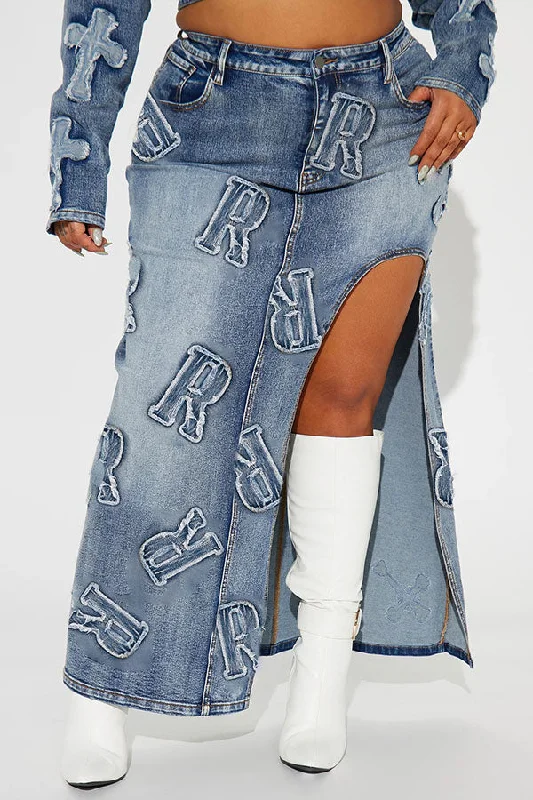 Letter Applique Gradient Denim Playful High Split Skirt