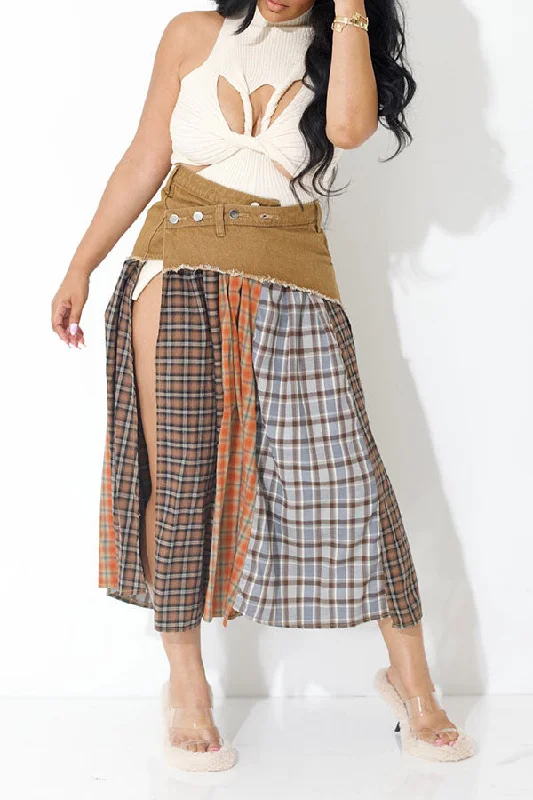 Multicolor Plaid Patchwork On-trend High Split Skirt