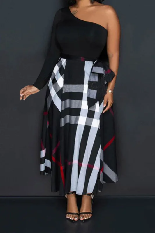 Patchwork Plaid Chic One Shoulder Lace-Up Midi Dress