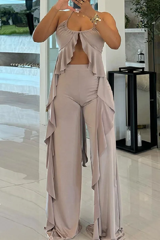 Solid Color Halter Collar Feminine Ruffles Ribbons Wide Leg Pant Suit