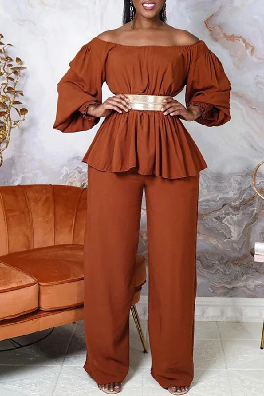 Solid Color Off Shoulder Feminine Belted Pant Suit