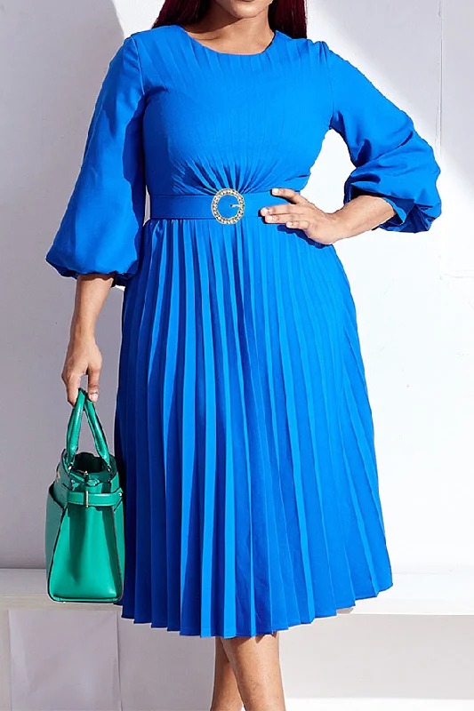 Solid Color Stylish Belted Pleated Midi Dress