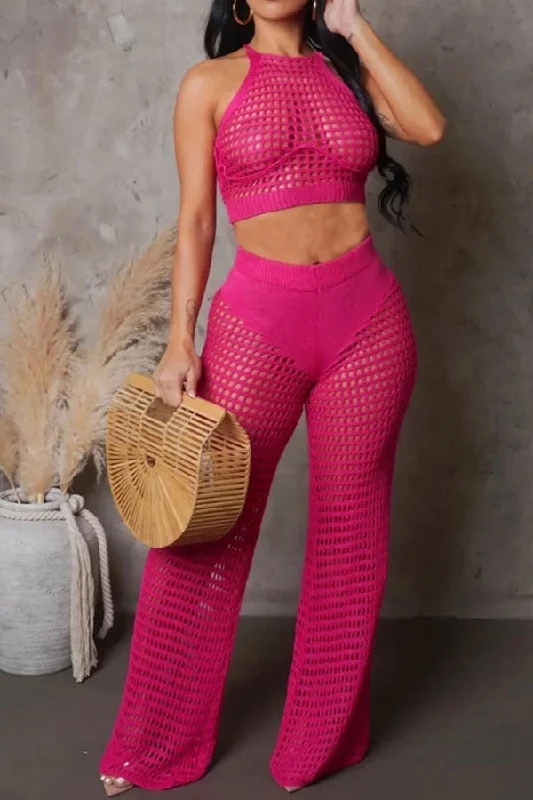 Solid Color Unusual See-Through Hollow Out Crochet Pant Suit