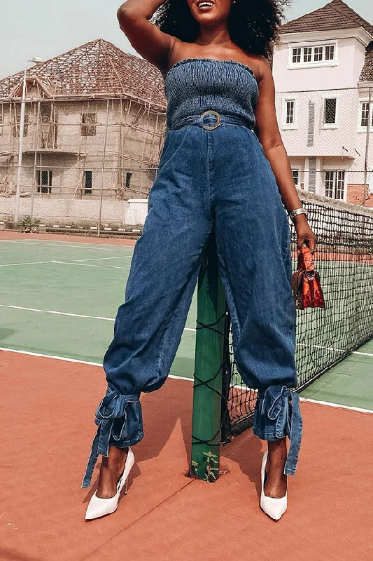 Strap Shirred Bandeau Feminine Ankle-Tied Denim Jumpsuit